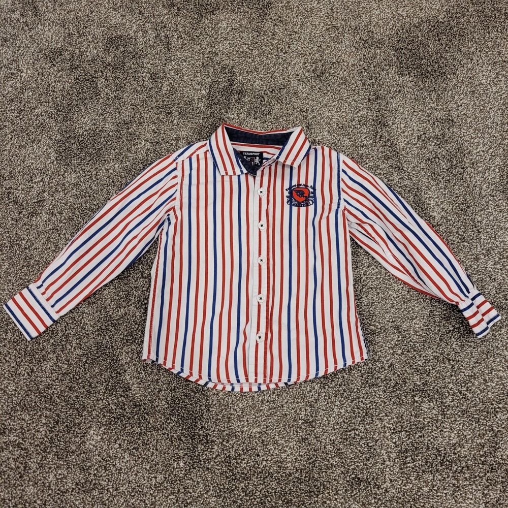 Teamspirit Boys Red White Blue Striped Button Down Sports Shirt 2-3 Yrs